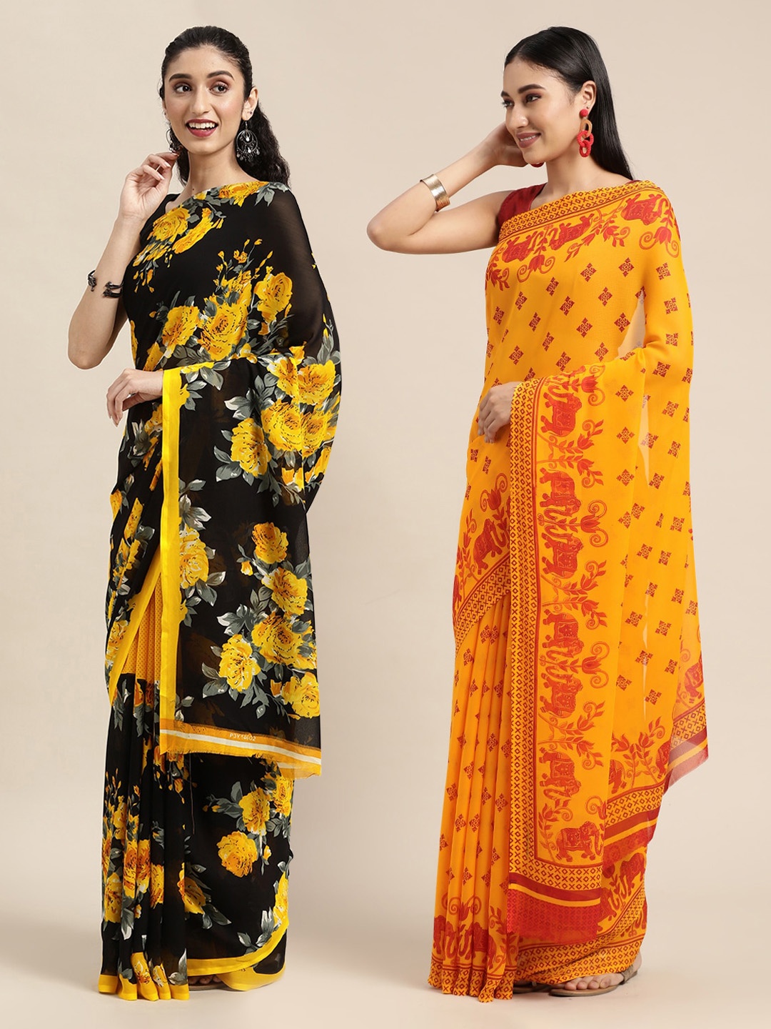 

ANAND SAREES Black & Yellow Floral Printed Poly-Georgette Saree Pack Of 2