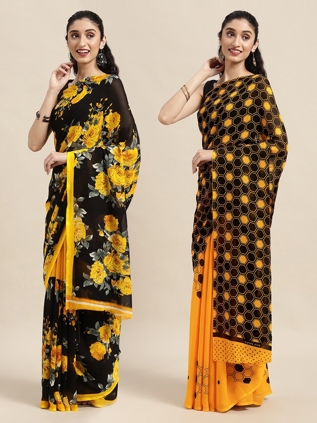 

KALINI Black & Yellow Printed Saree