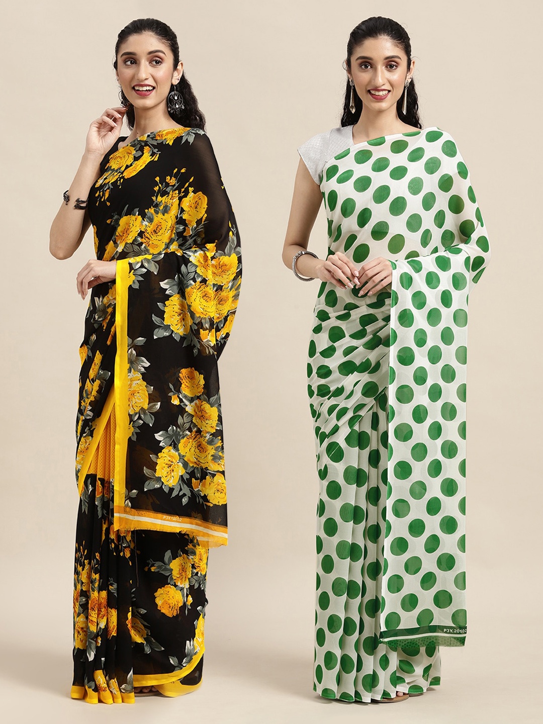 

KALINI Pack Of 2 Black & Yellow Floral Saree