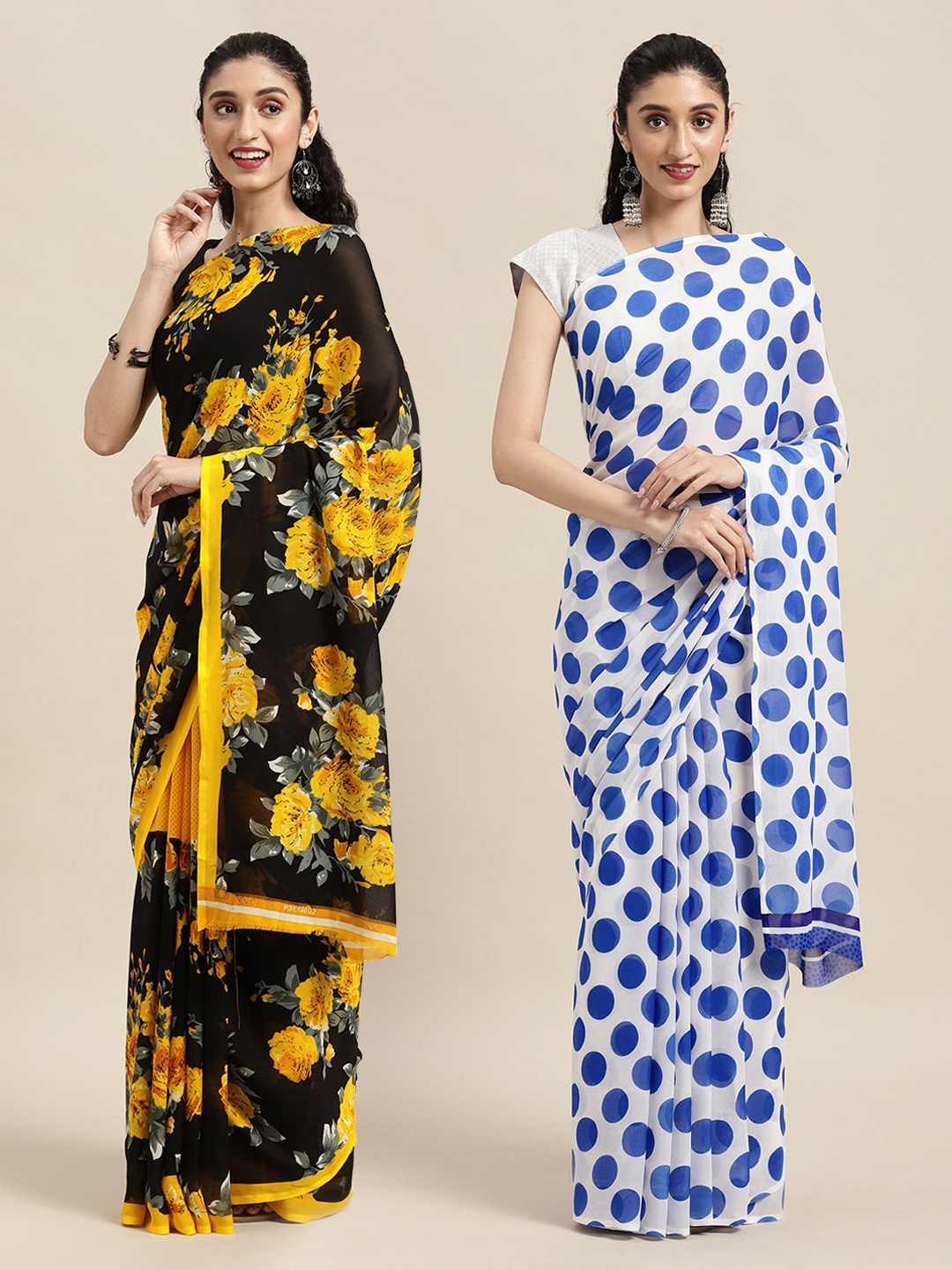

KALINI Set Of 2 Black & Yellow Floral Saree