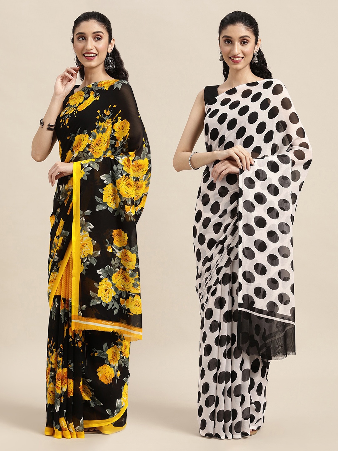 

ANAND SAREES Black & Yellow Set Of 2 Floral Printed Saree