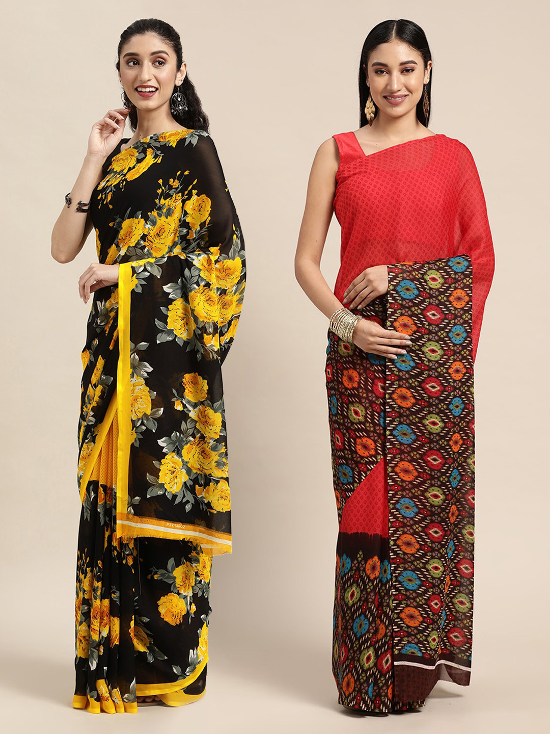 

KALINI Red & Brown Printed Poly-Georgette Saree Pack Of 2