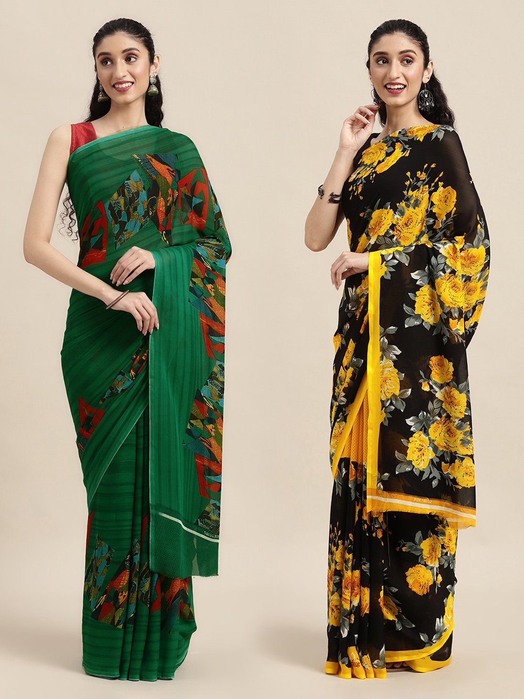 

KALINI Green & Yellow Set Of 2 Floral Printed Saree