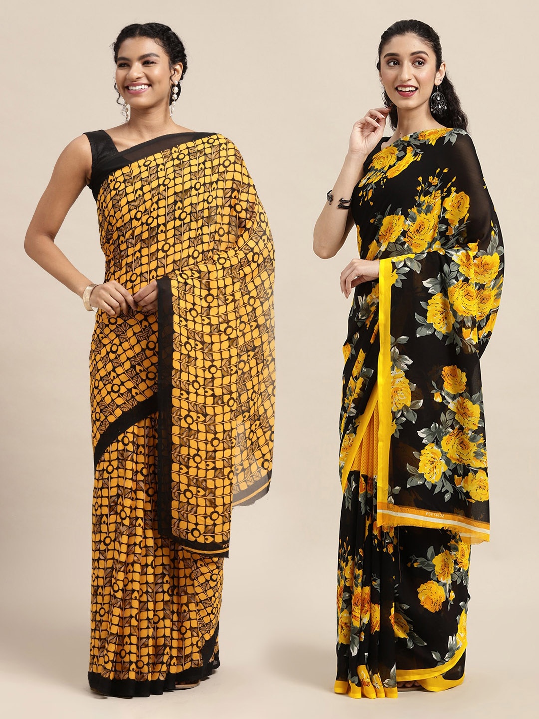 

KALINI Mustard & Black Floral Printed Poly-Georgette Saree Pack Of 2