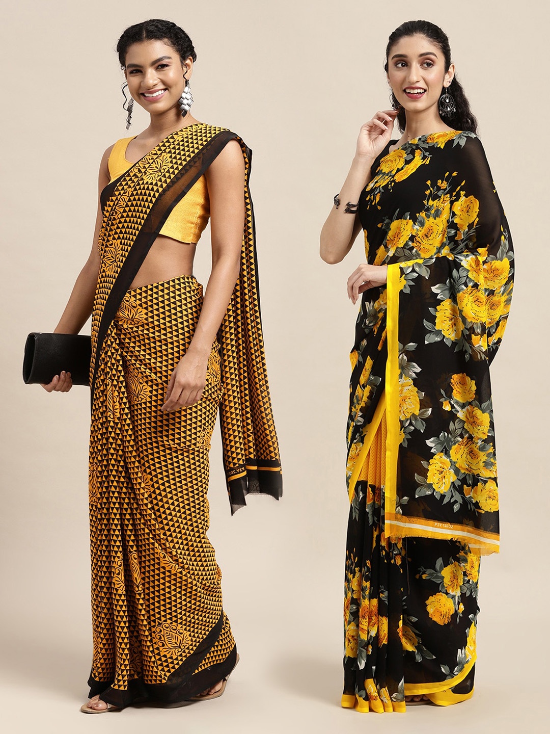 

ANAND SAREES Pack of 2 Mustard & Black Floral Sarees