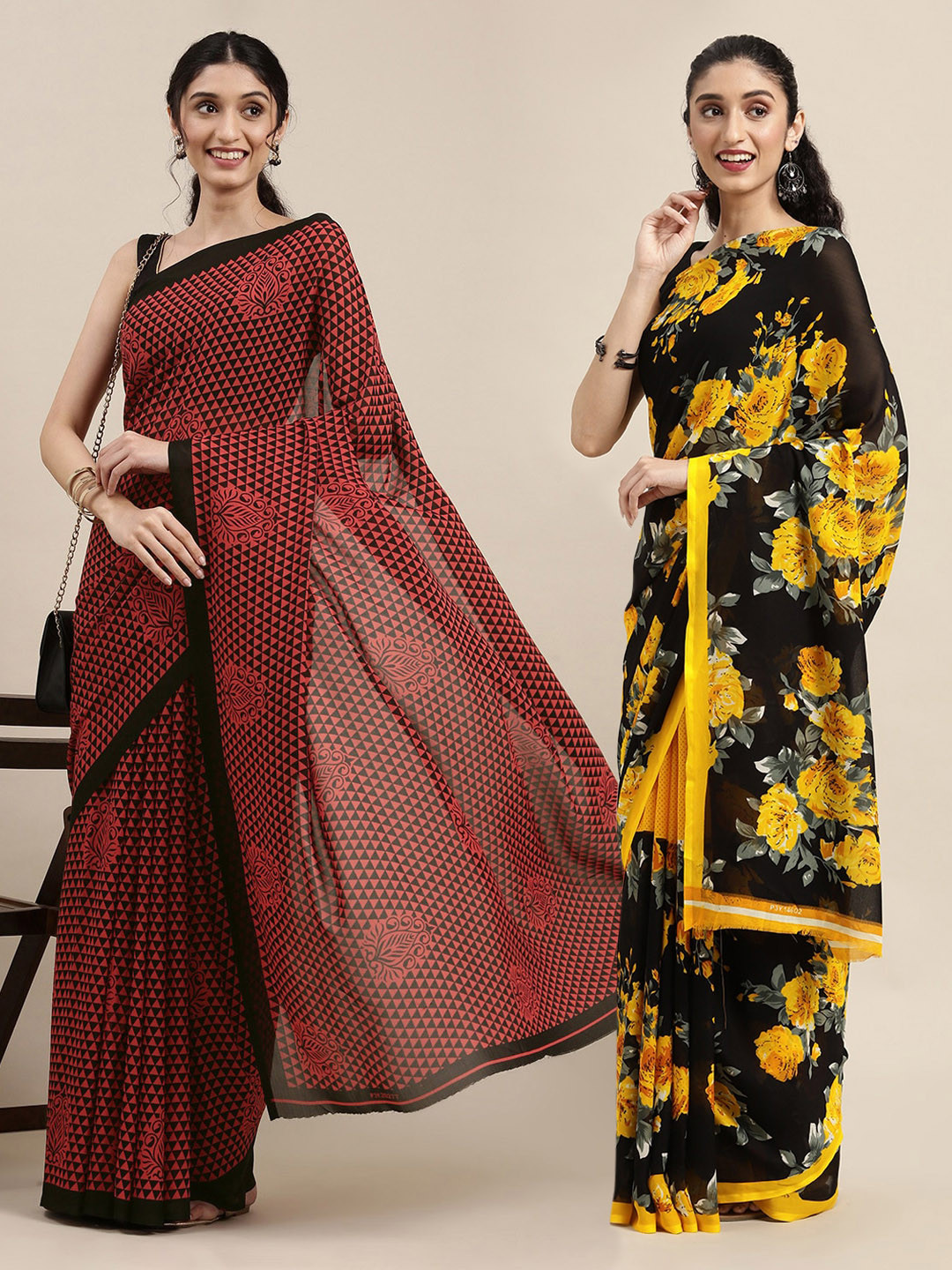 

KALINI Pack Of 2 Black & Red Floral Printed Saree