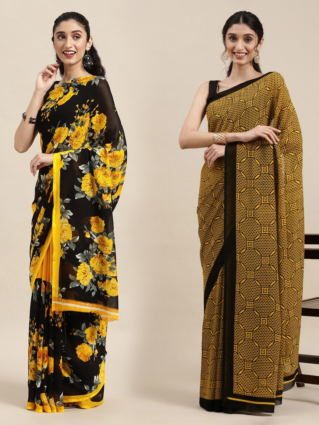 

KALINI Pack Of 2 Mustard & Black Printed Saree