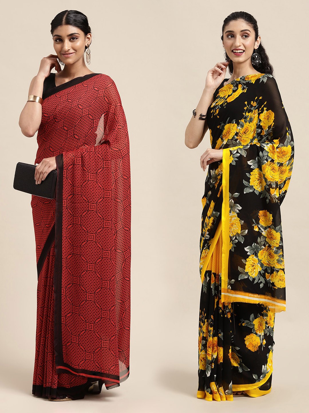 

KALINI Set Of 2 Black & Yellow Floral Saree