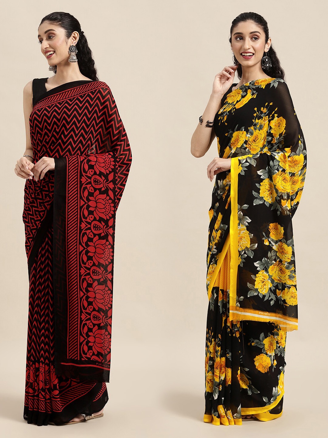 

KALINI Black & Red Set Of 2 Floral Printed Saree