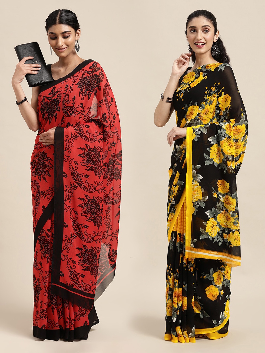 

KALINI Pack of 2 Red & Black Paisley Sarees