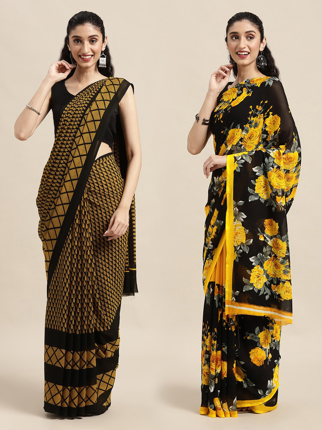 

KALINI Pack Of 2 Black & Yellow Floral Printed Saree