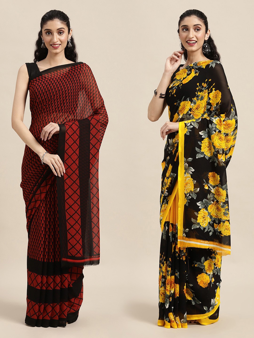 

ANAND SAREES Pack of 2 Black & Red Printed Saree