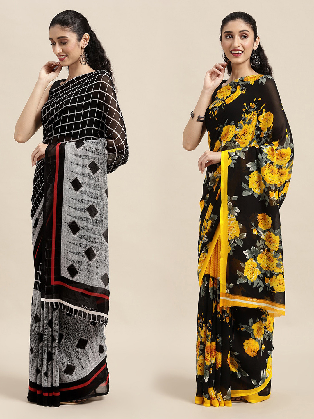 

KALINI Set Of 2 Black & Yellow Floral Saree