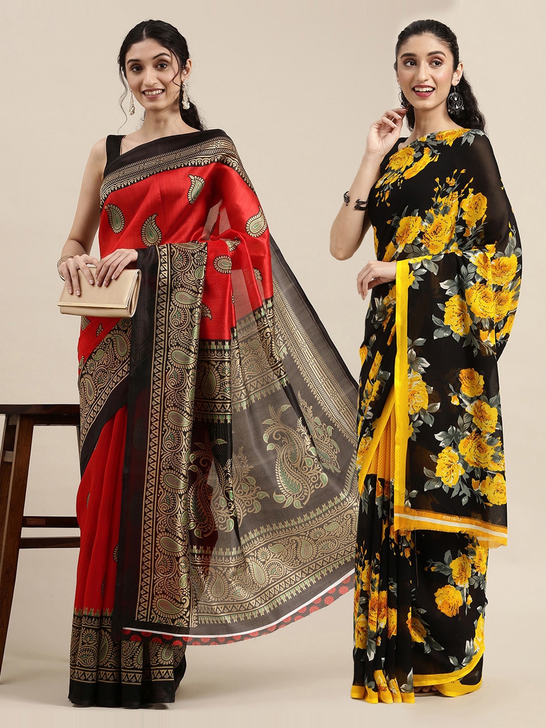 

KALINI Red & Black Set Of 2 Floral Saree