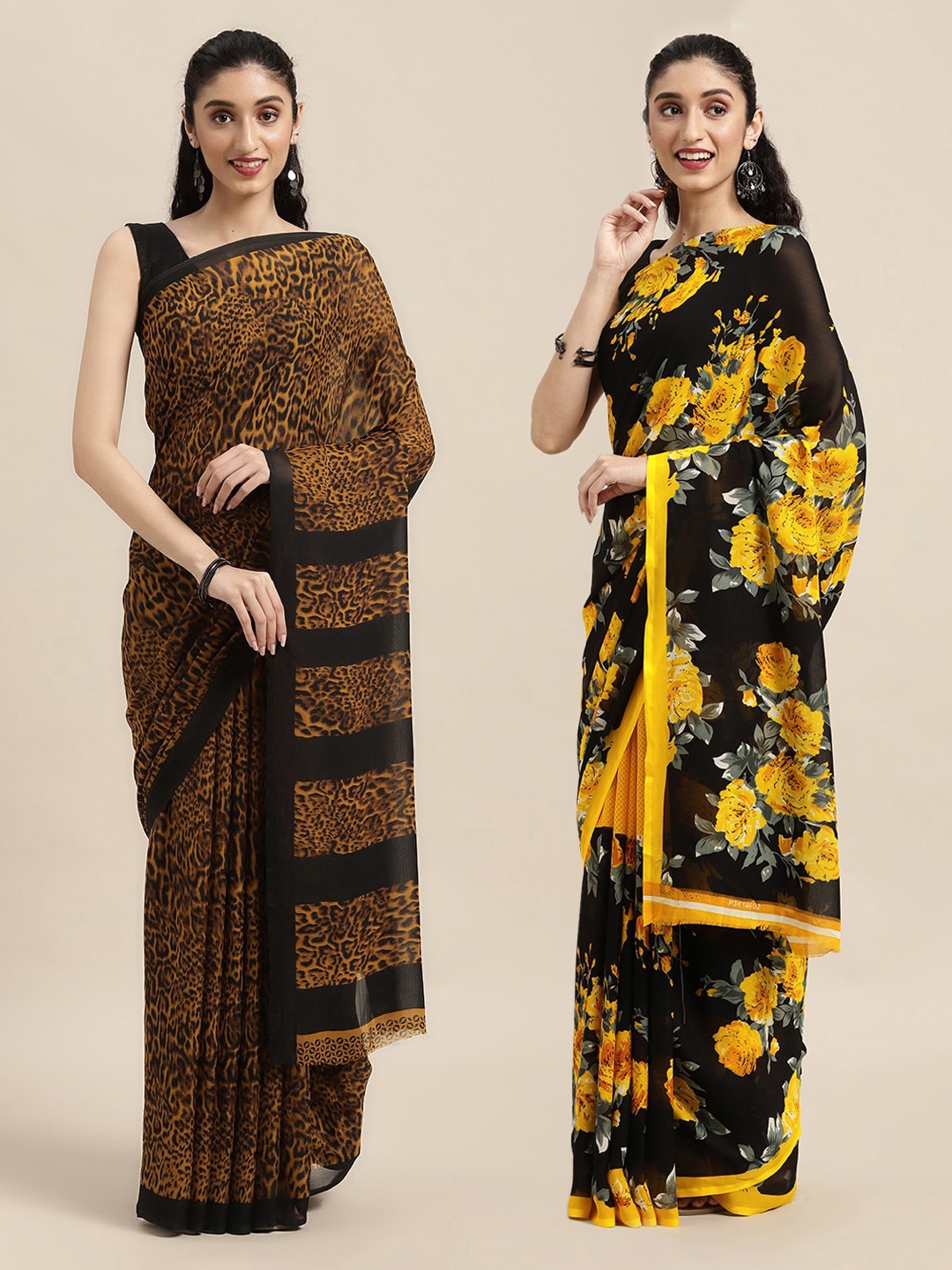 

ANAND SAREES Mustard & Black Floral Printed Poly-Georgette Saree Pack Of 2