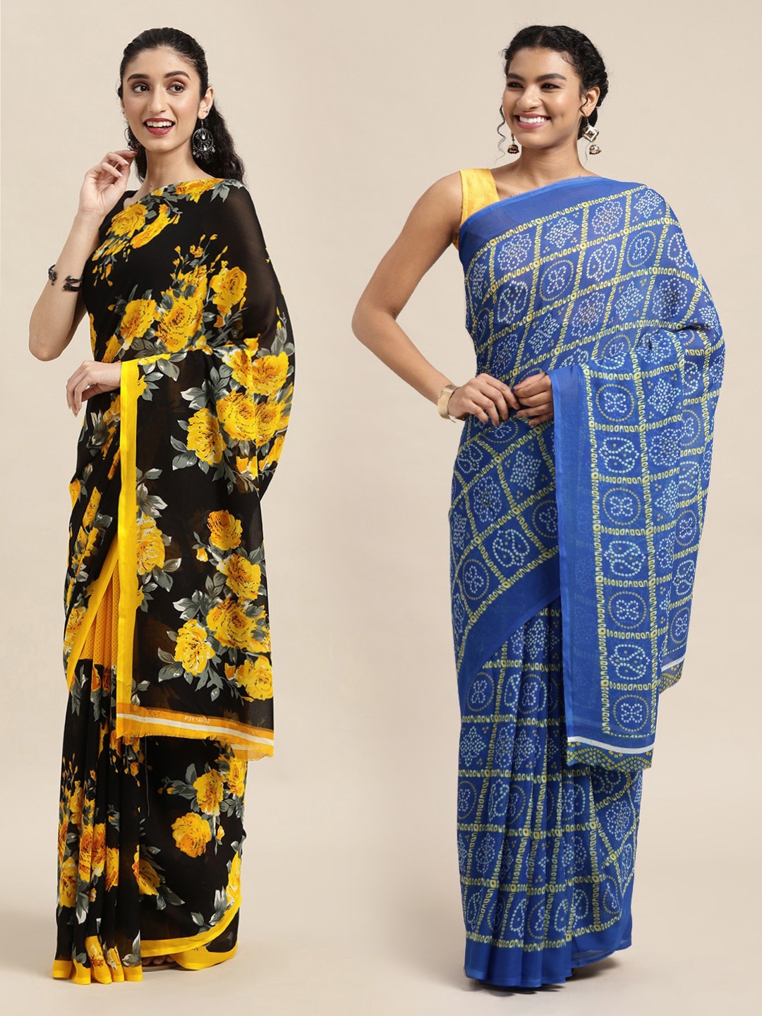 

KALINI Pack of 2Black & Blue Floral Sarees, Black