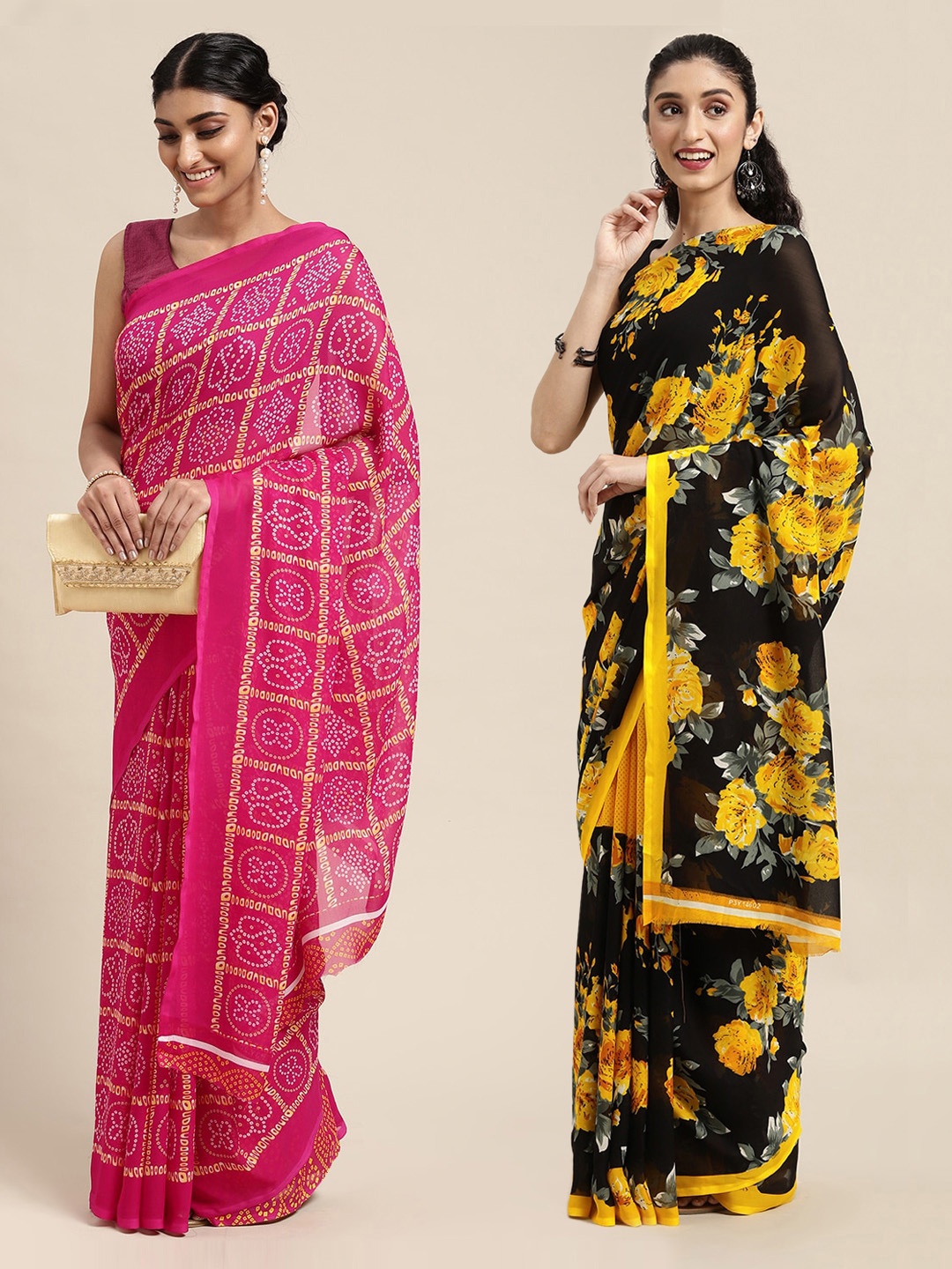 

KALINI Pack Of 2 Pink & Yellow Floral Printed Saree