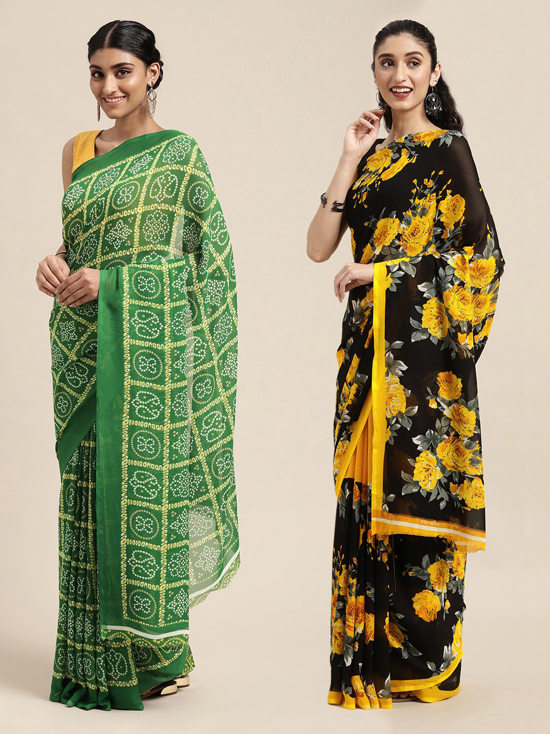 

KALINI Pack of 2 Green & Black Printed Saree