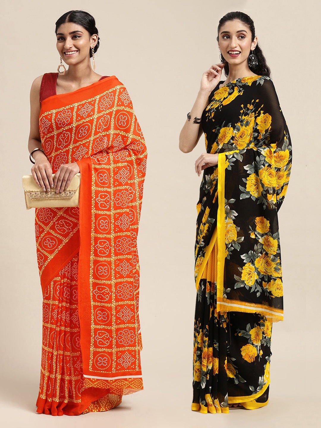 

KALINI Set Of 2 Orange & Black Bandhani Saree