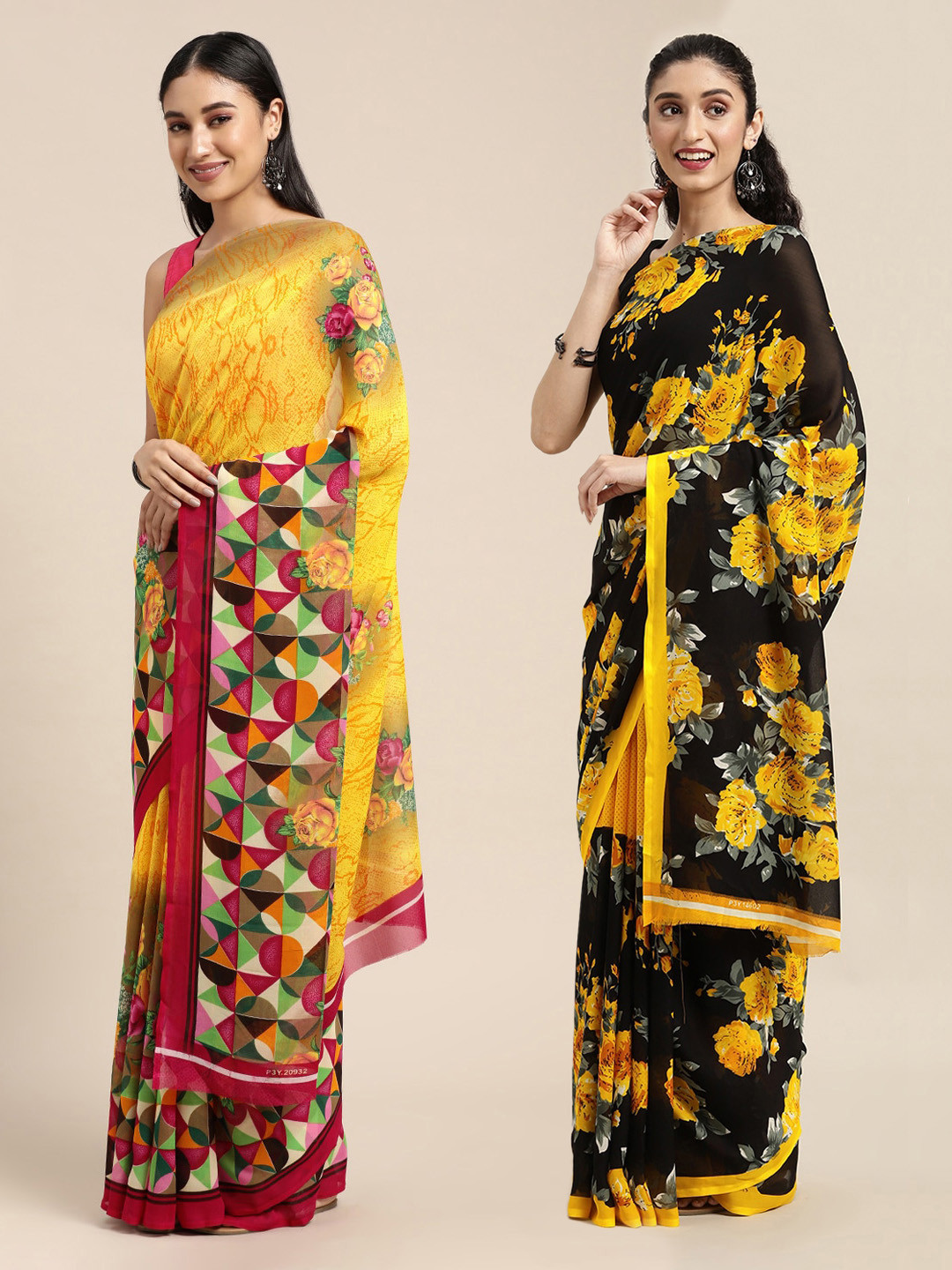 

ANAND SAREES Yellow & Black Set Of 2 Floral Printed Saree