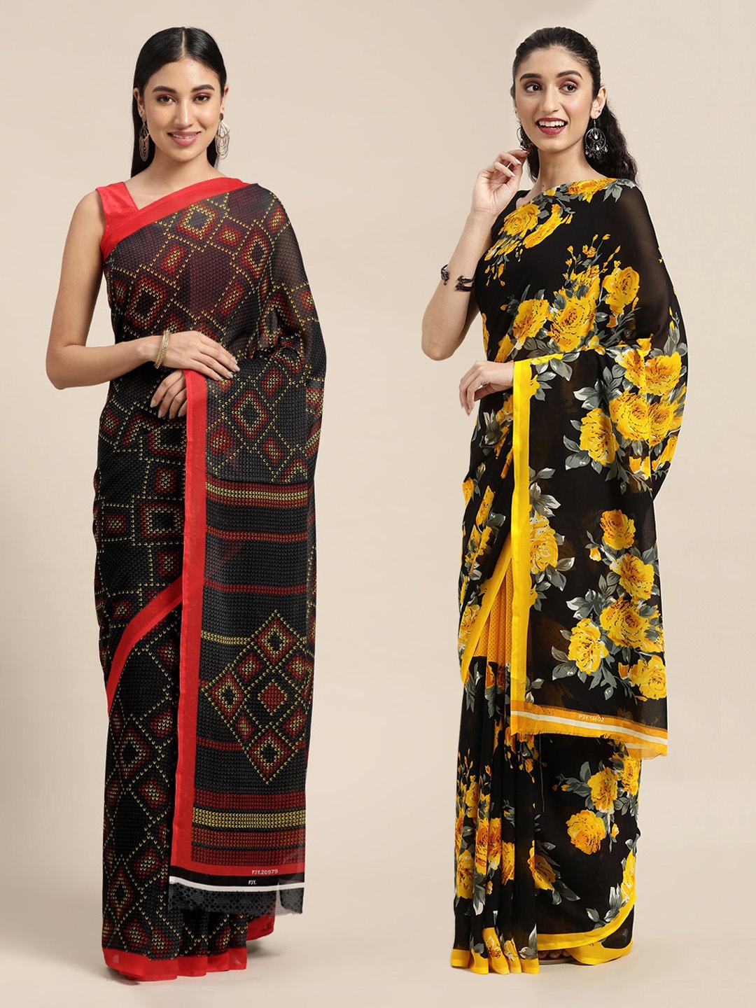 

KALINI Navy Blue & Red Bandhani Saree