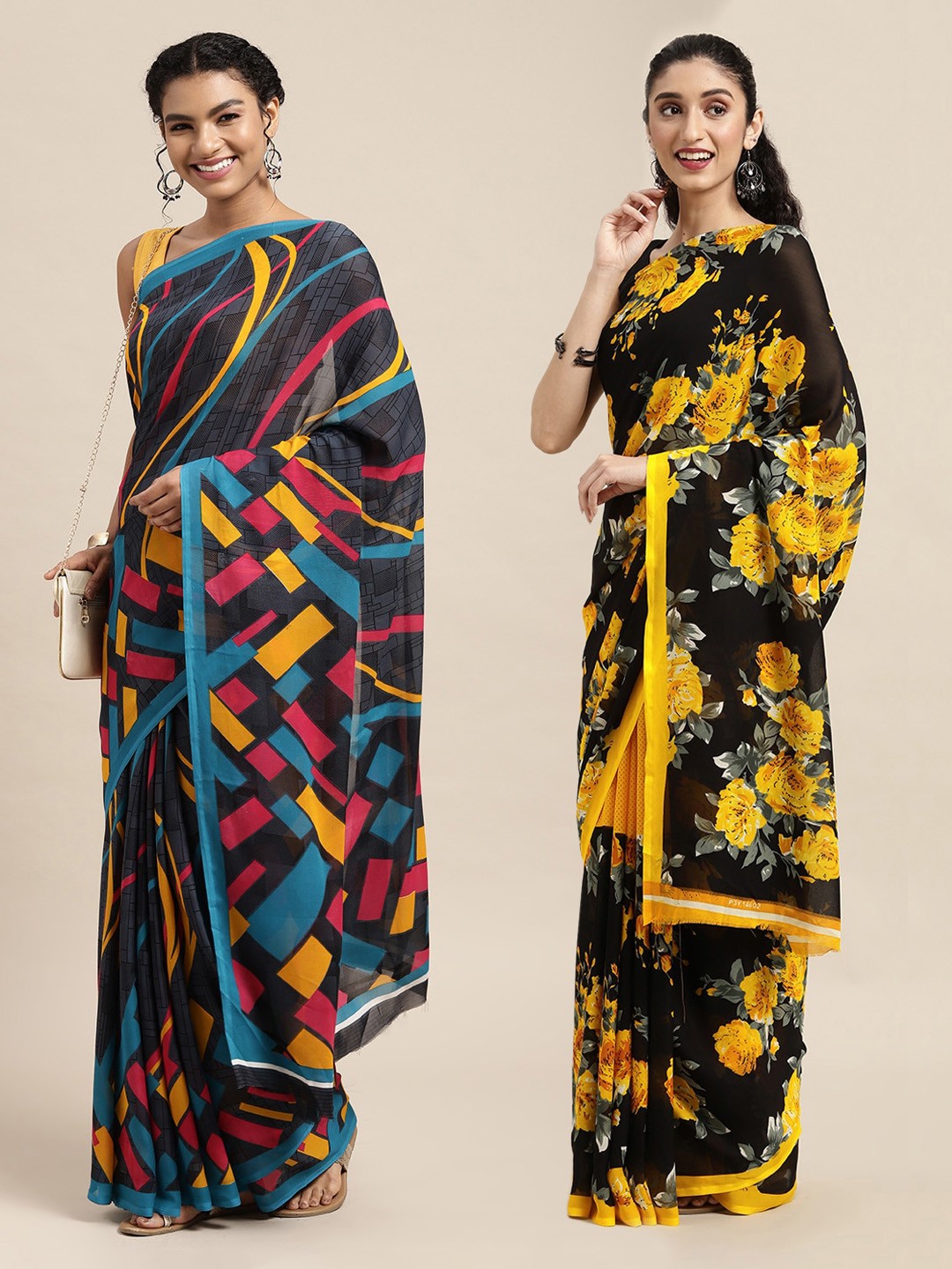 

KALINI Navy Blue & Black Printed Saree