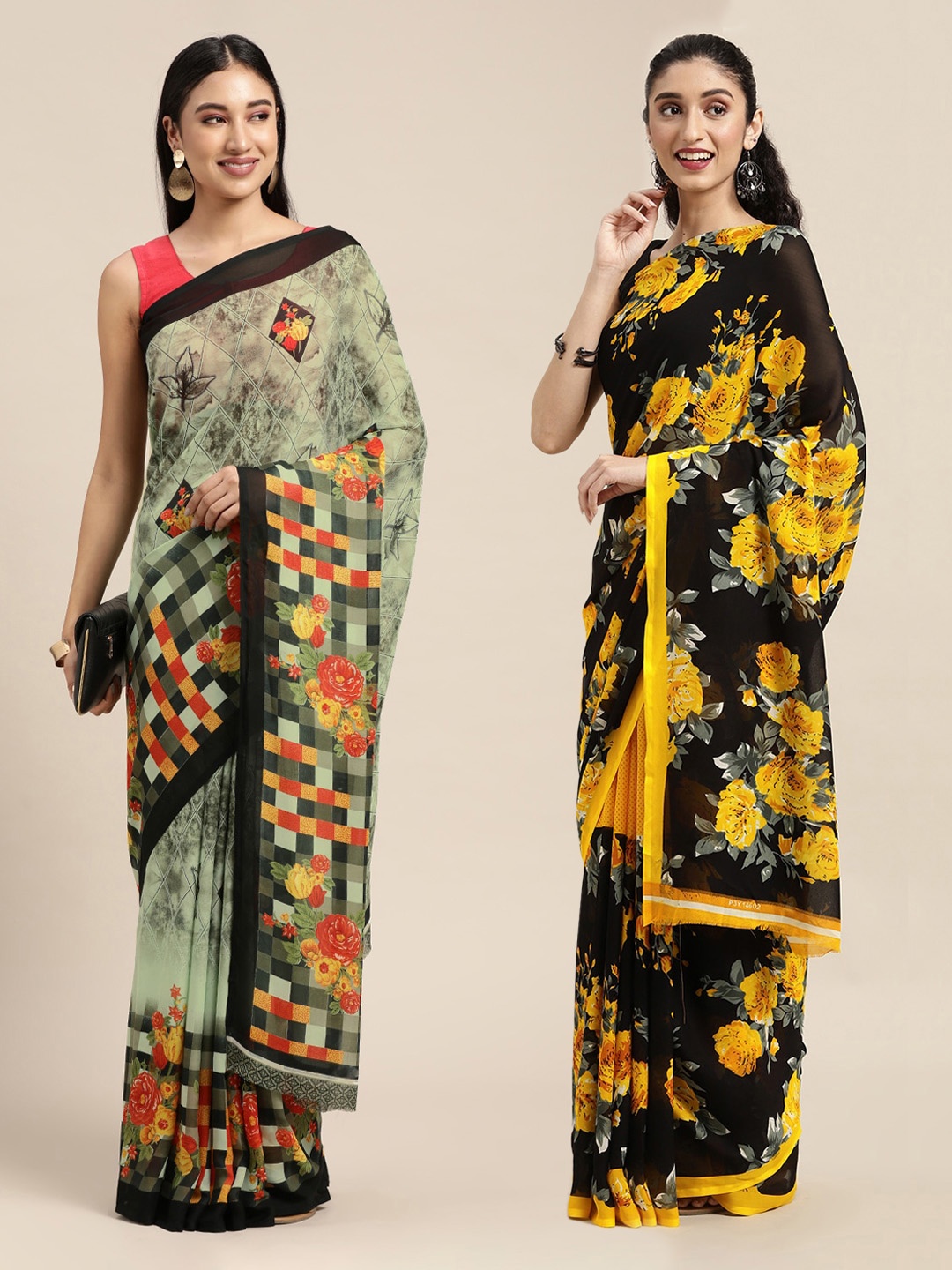 

KALINI Pack of 2 Green & Black Floral Sarees