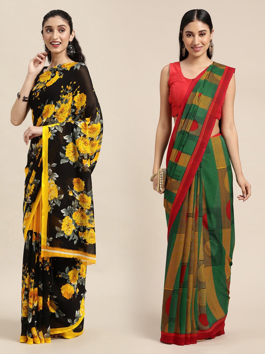 

KALINI Pack Of 2 Black & Yellow Floral Printed Saree