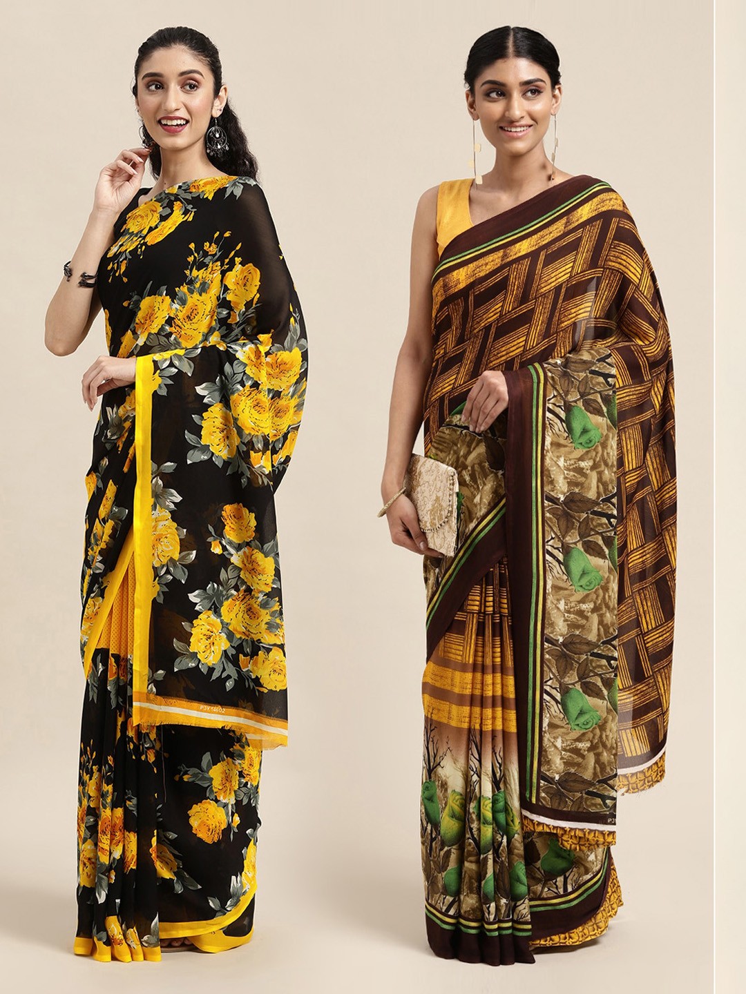 

KALINI Black & Yellow Set Of 2 Floral Printed Saree