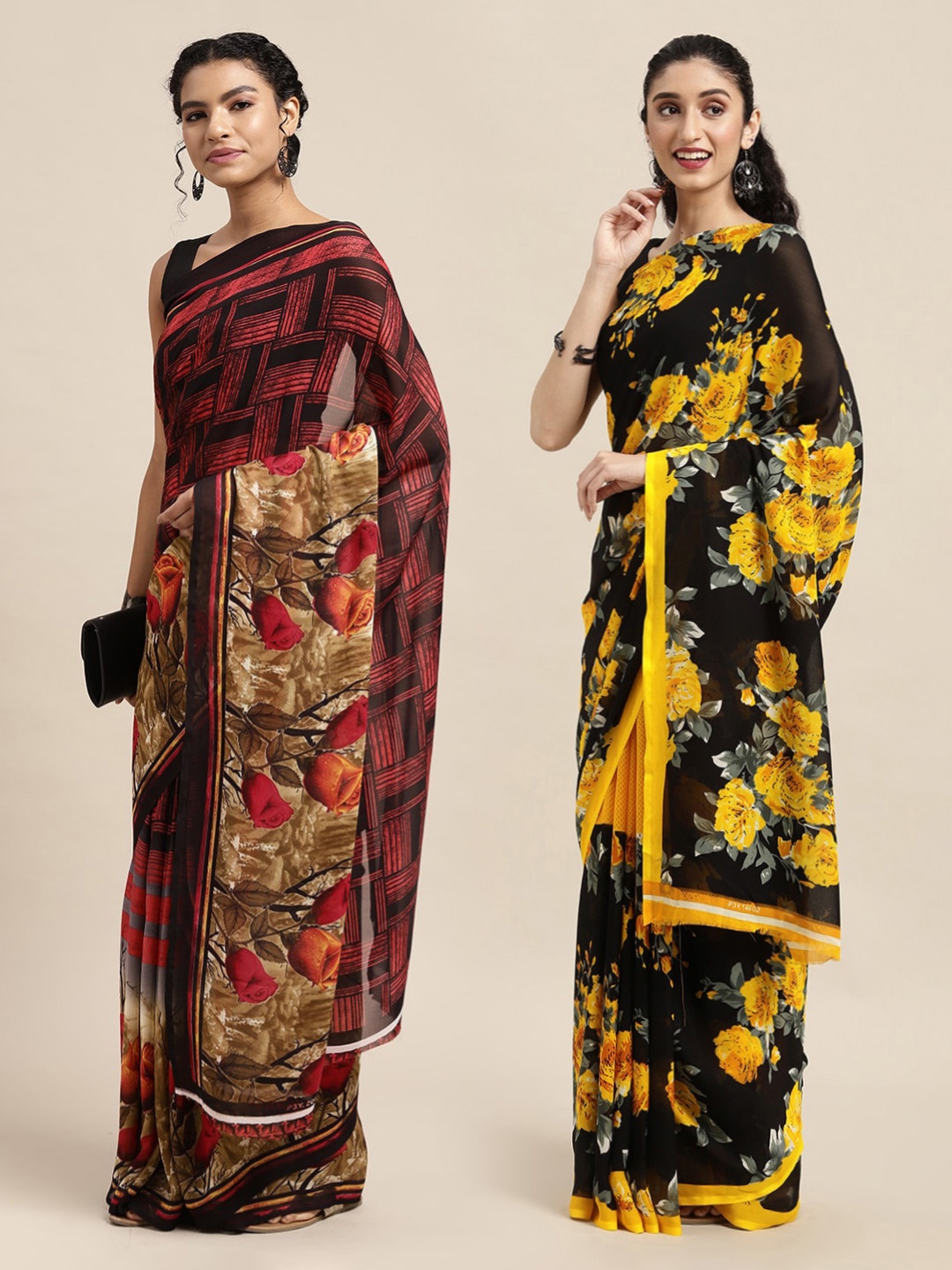 

KALINI Black & Yellow Pack of 2 Printed Poly Georgette Sarees