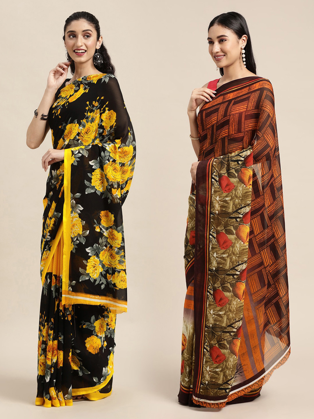 

KALINI Black & Yellow Floral Printed Poly-Georgette Saree Pack Of 2