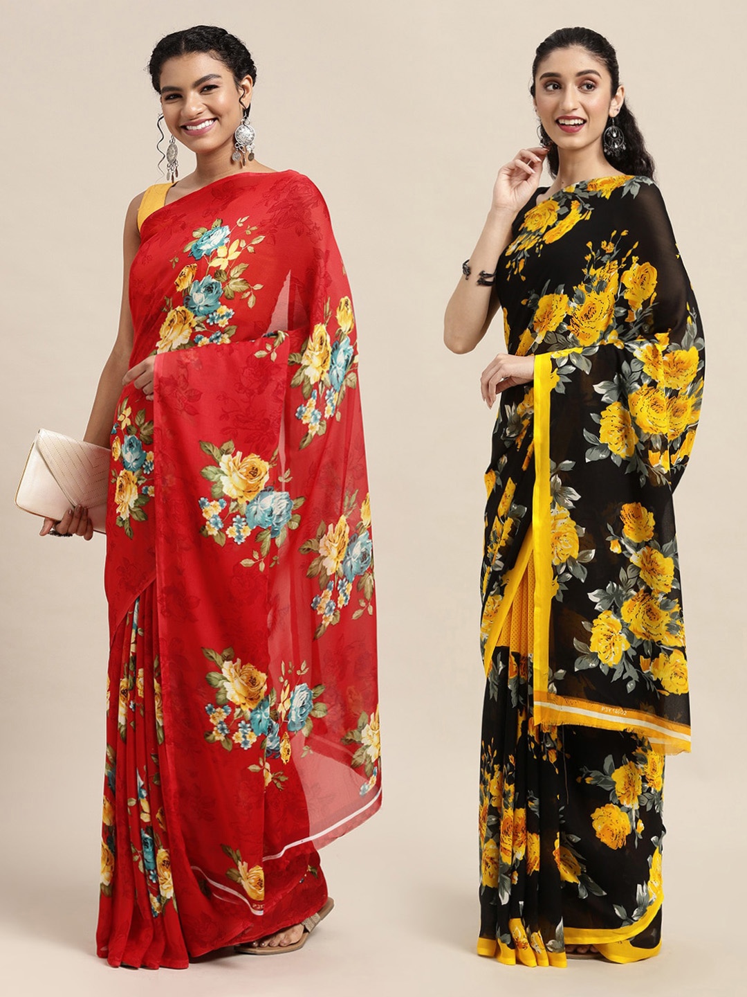 

KALINI Pack of 2 Red & Yellow Floral Sarees