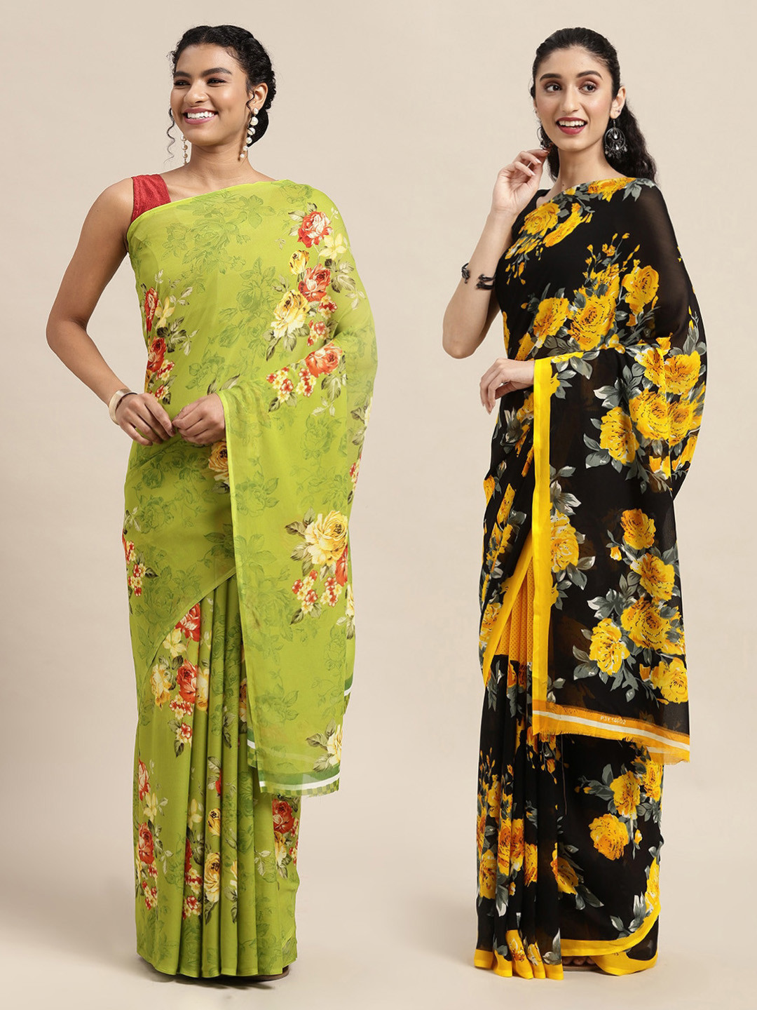 

ANAND SAREES Pack Of 2 Lime Green & Black Floral Printed Saree