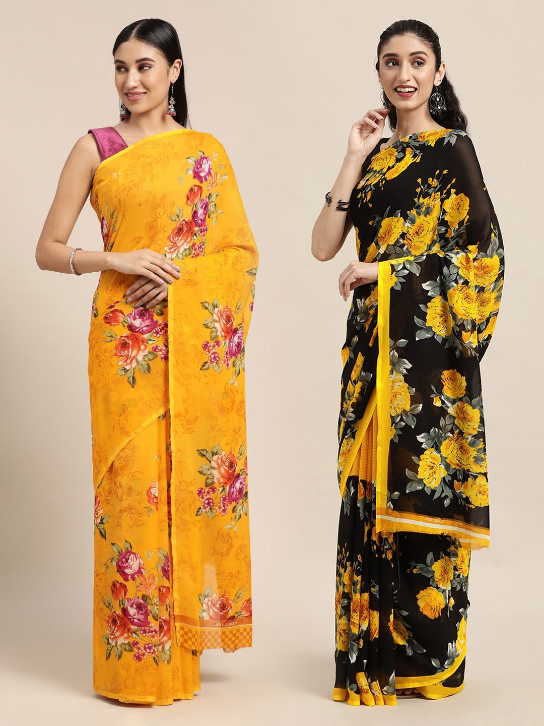 

KALINI Set Of 2 Yellow & Black Floral Saree