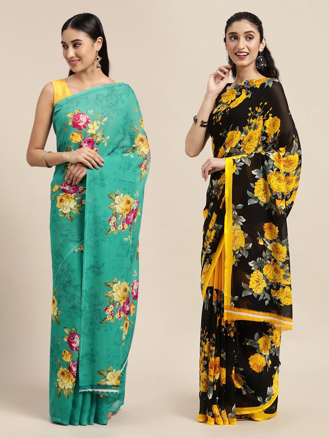 

KALINI Sea Green & Yellow Set Of 2 Floral Printed Saree