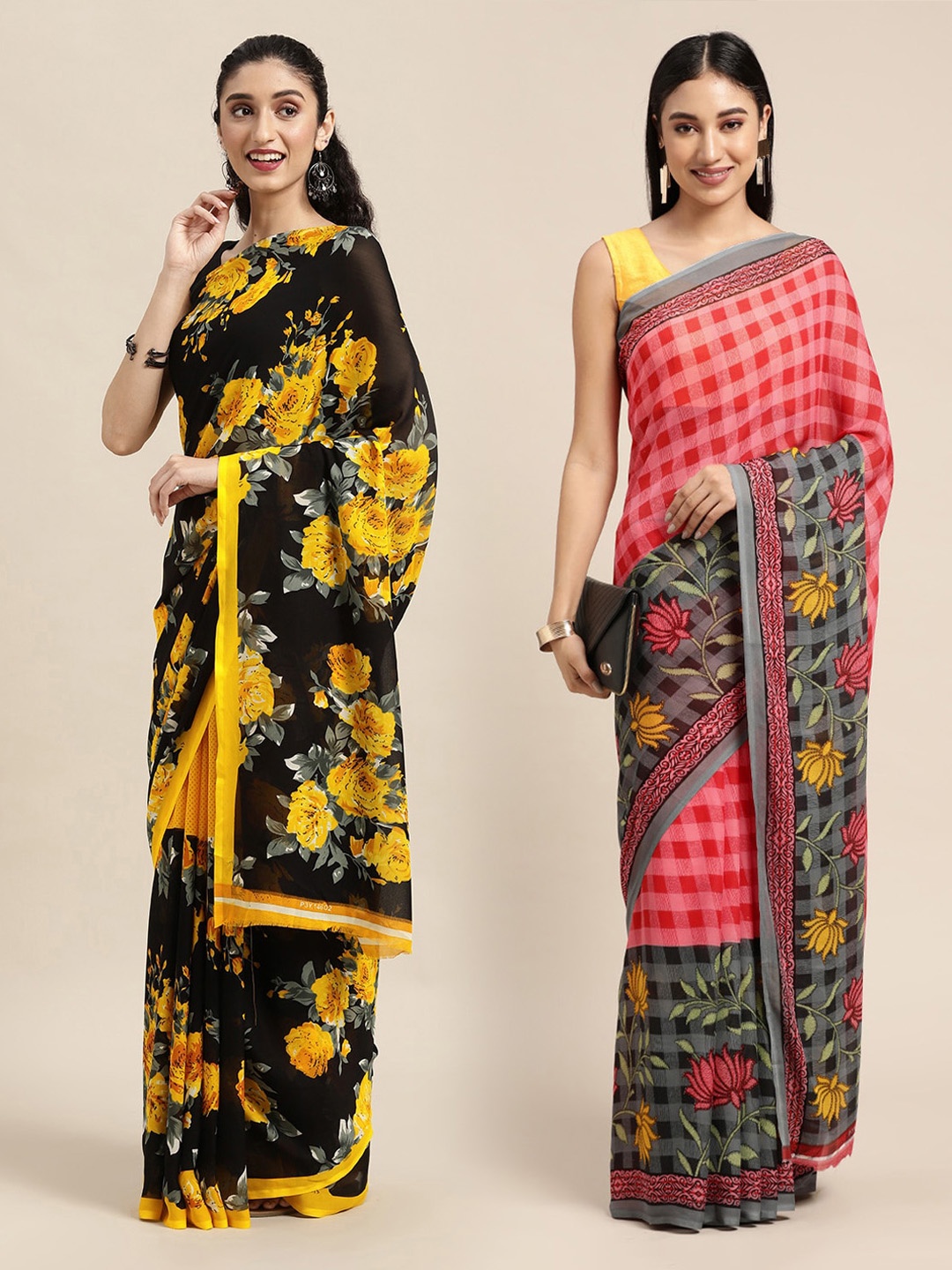

KALINI Black & Yellow Floral Printed Poly-Georgette Saree Pack Of 2