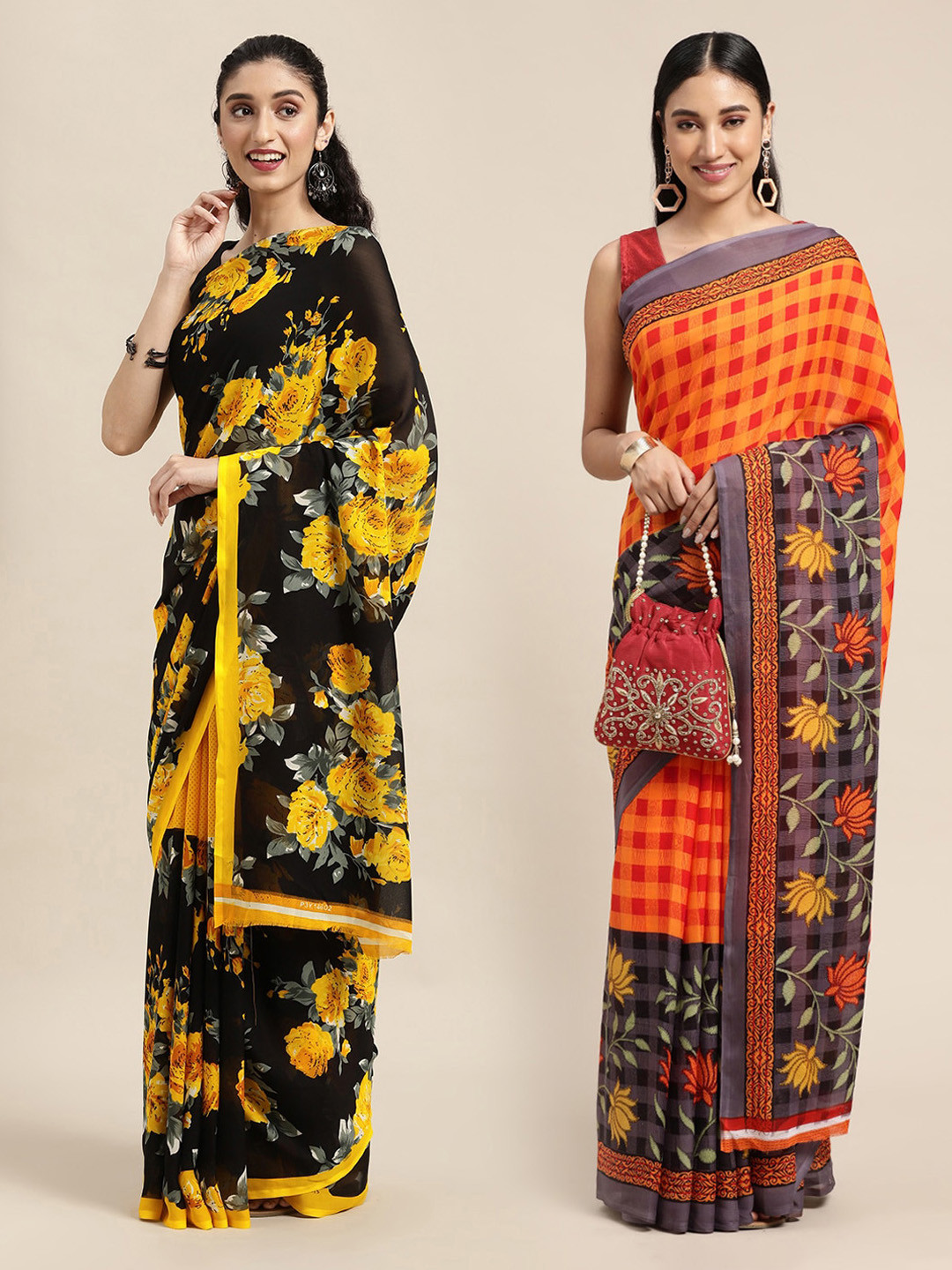 

KALINI Black & Orange Printed Saree