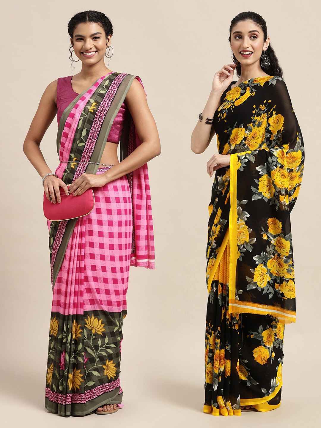 

KALINI Pack of 2 Pink & Yellow Floral Sarees
