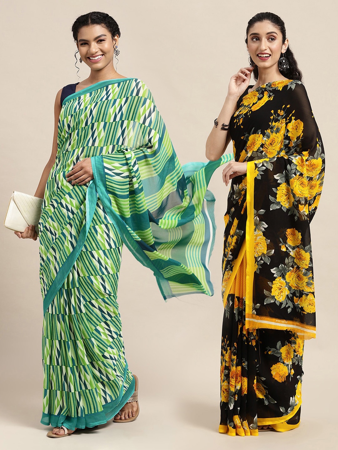 

KALINI Pack Of 2 Black & Green Floral Saree