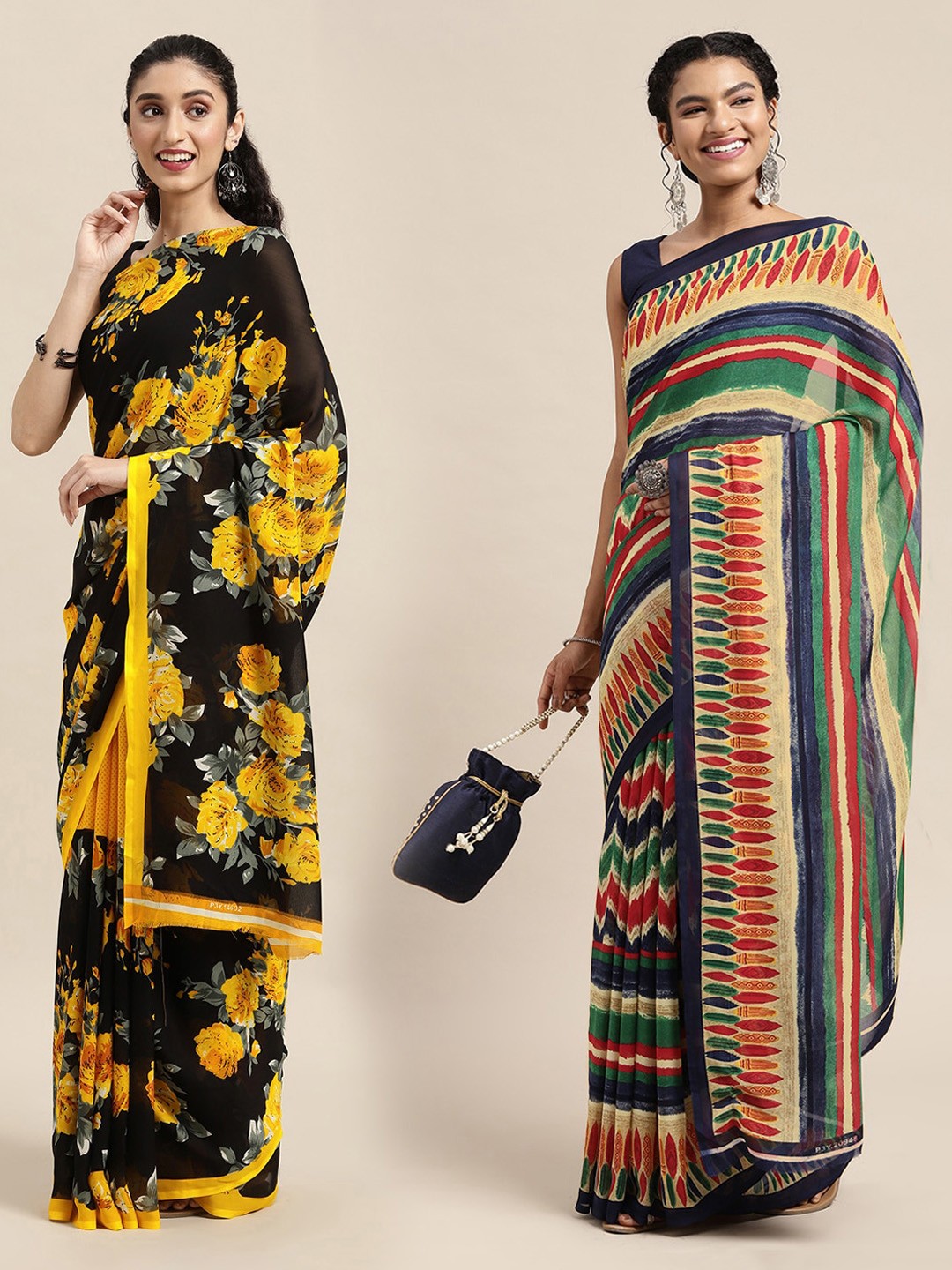 

KALINI Set Of 2 Black & Yellow Floral Saree