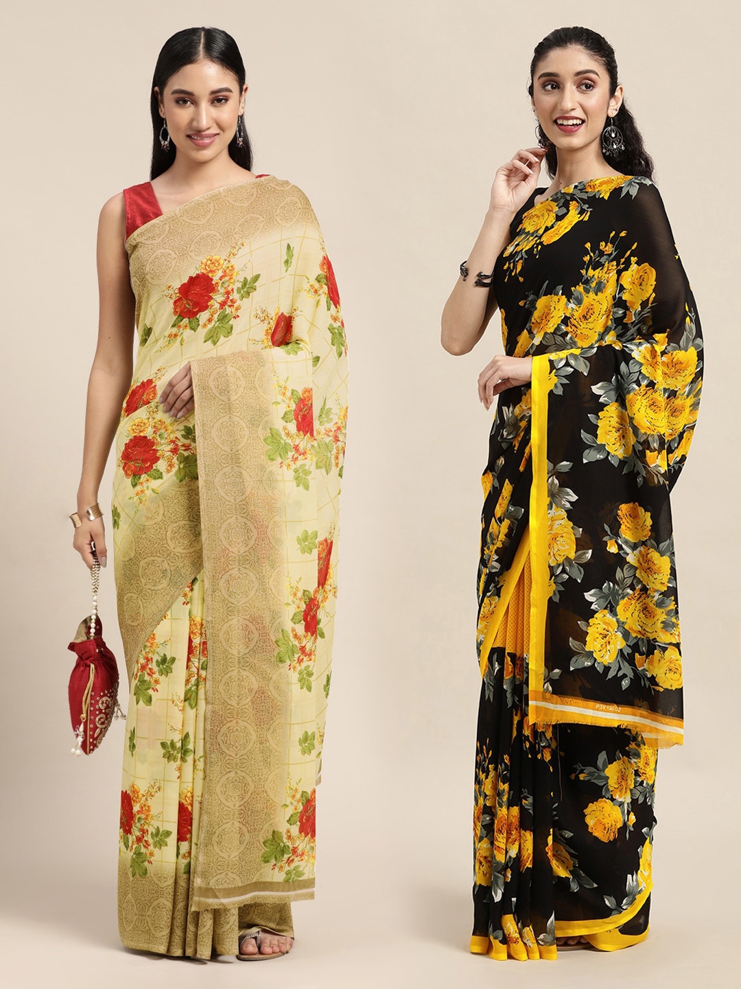 

KALINI Yellow & Beige Floral Saree