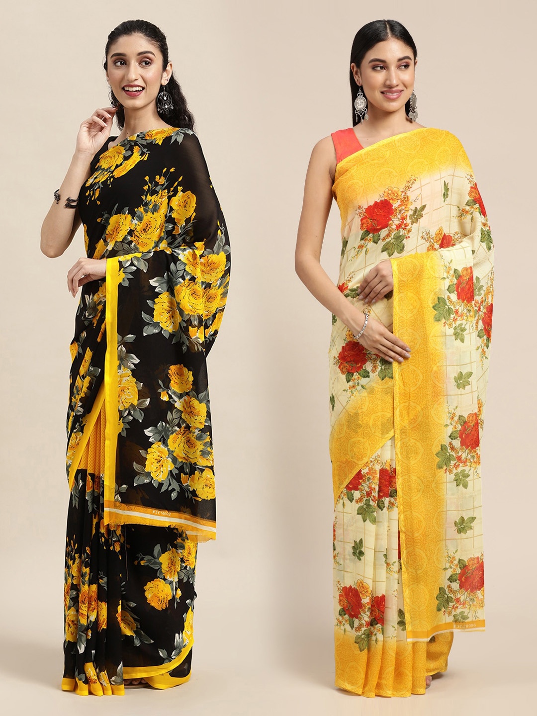 

KALINI Black & Yellow Set Of 2 Floral Printed Saree