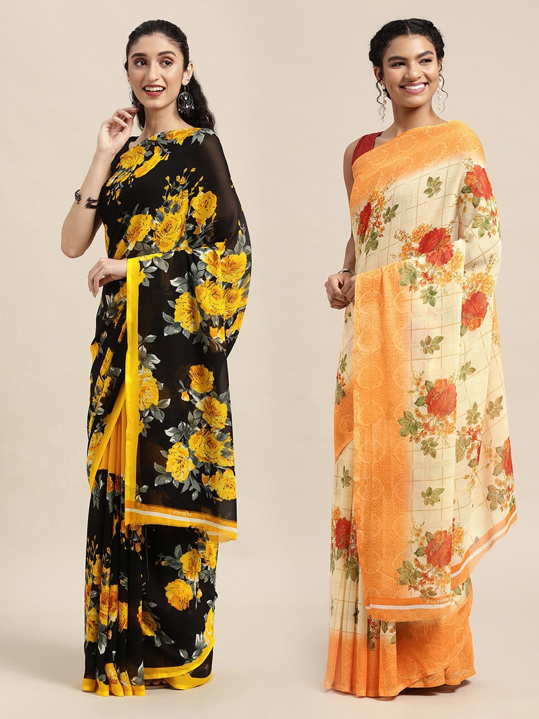 

KALINI Cream-Coloured & Orange Floral Saree