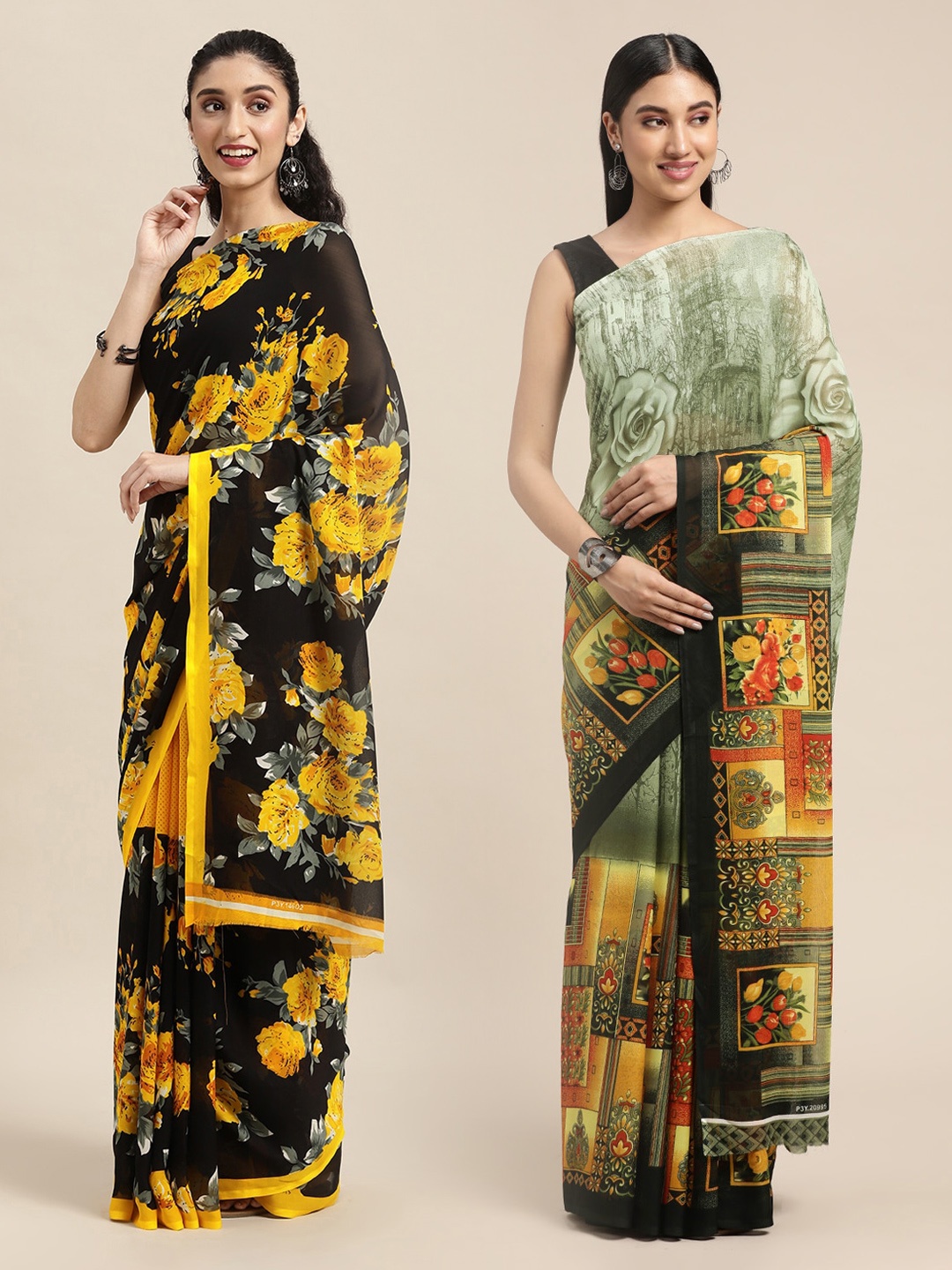 

KALINI Black & Green Printed Saree