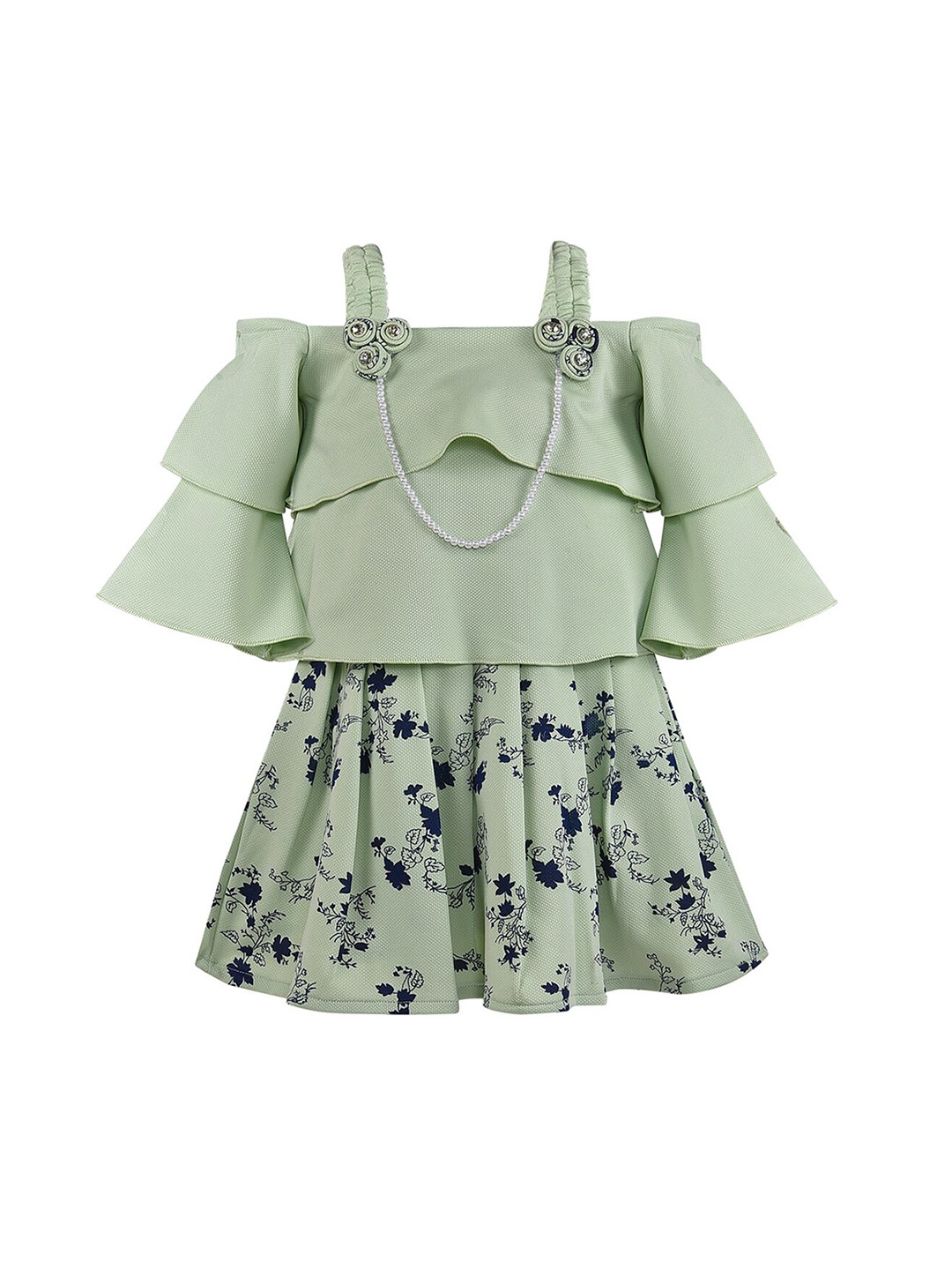

Wish Karo Girls Green Floral Off-Shoulder A-Line Dress