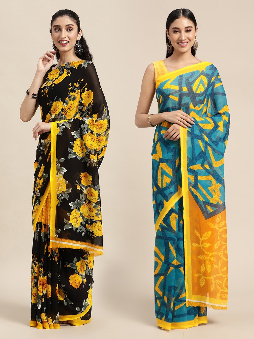 

KALINI Pack Of 2 Black & Blue Floral Saree