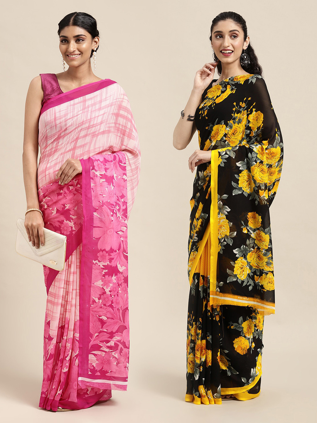 

KALINI Set Of 2 Pink & Black Floral Saree