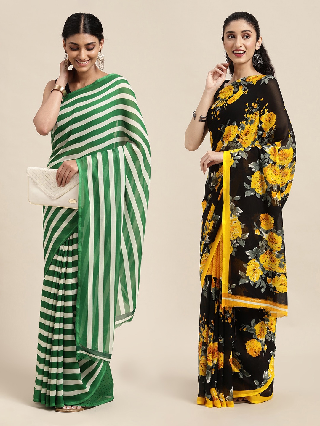 

KALINI White & Green Striped Saree