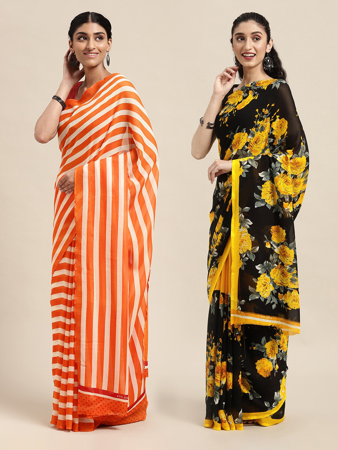 

KALINI Orange & Black Striped Printed Poly-Georgette Saree Pack Of 2