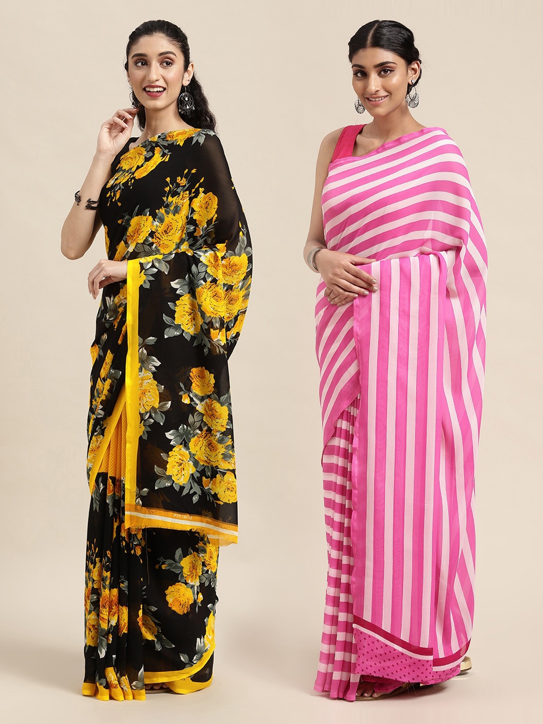 

KALINI Pack Of 2 Black & Yellow Floral Printed Saree